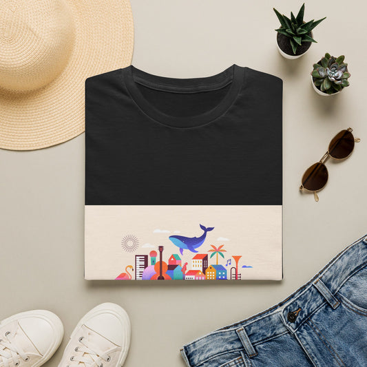 10% Off at checkout! T‑Shirt — Colorful Coastal Cityscape with Whale Graphic