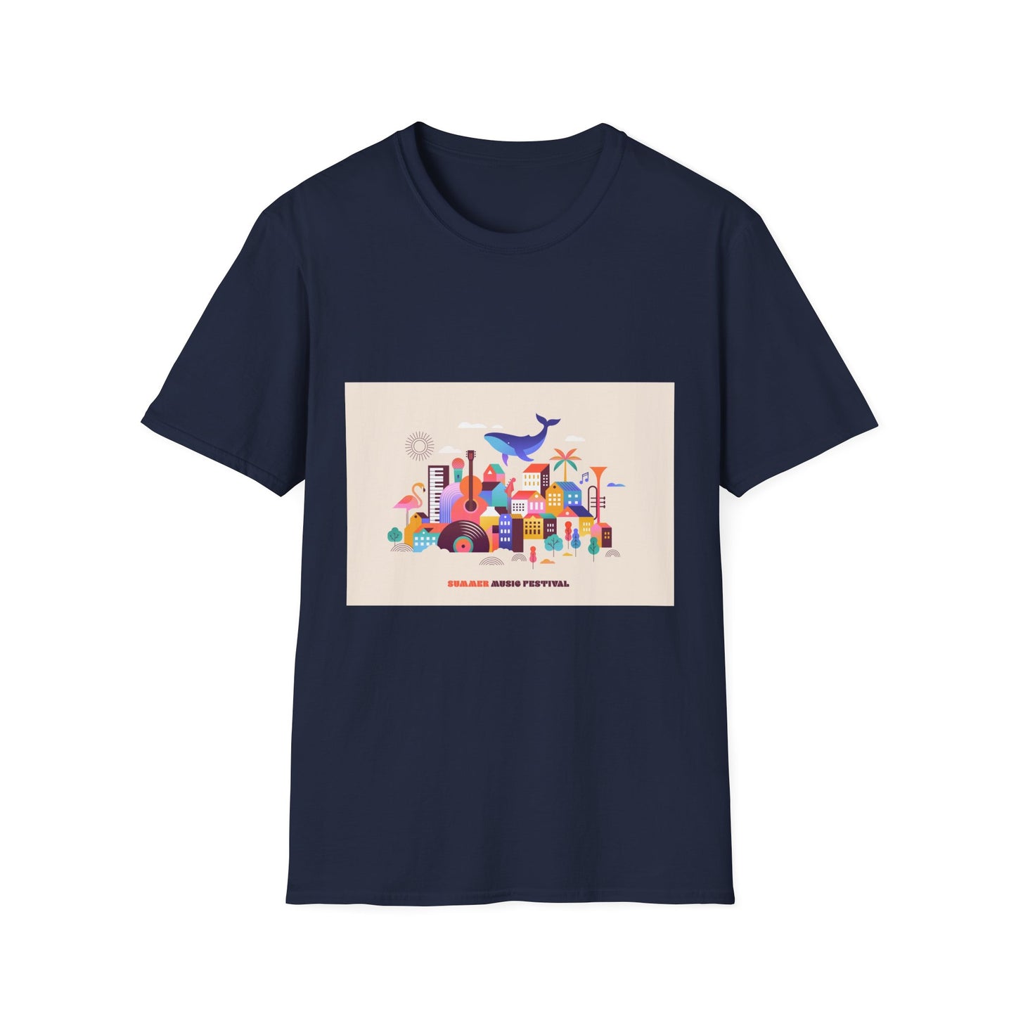 10% Off at checkout! T‑Shirt — Colorful Coastal Cityscape with Whale Graphic