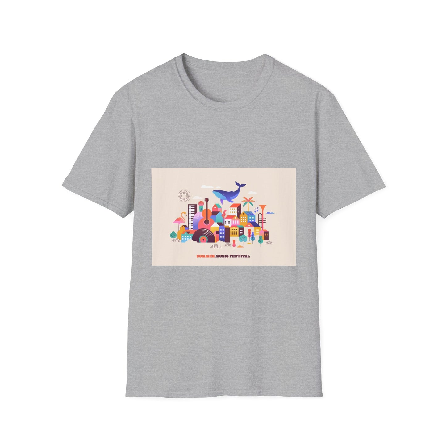 10% Off at checkout! T‑Shirt — Colorful Coastal Cityscape with Whale Graphic
