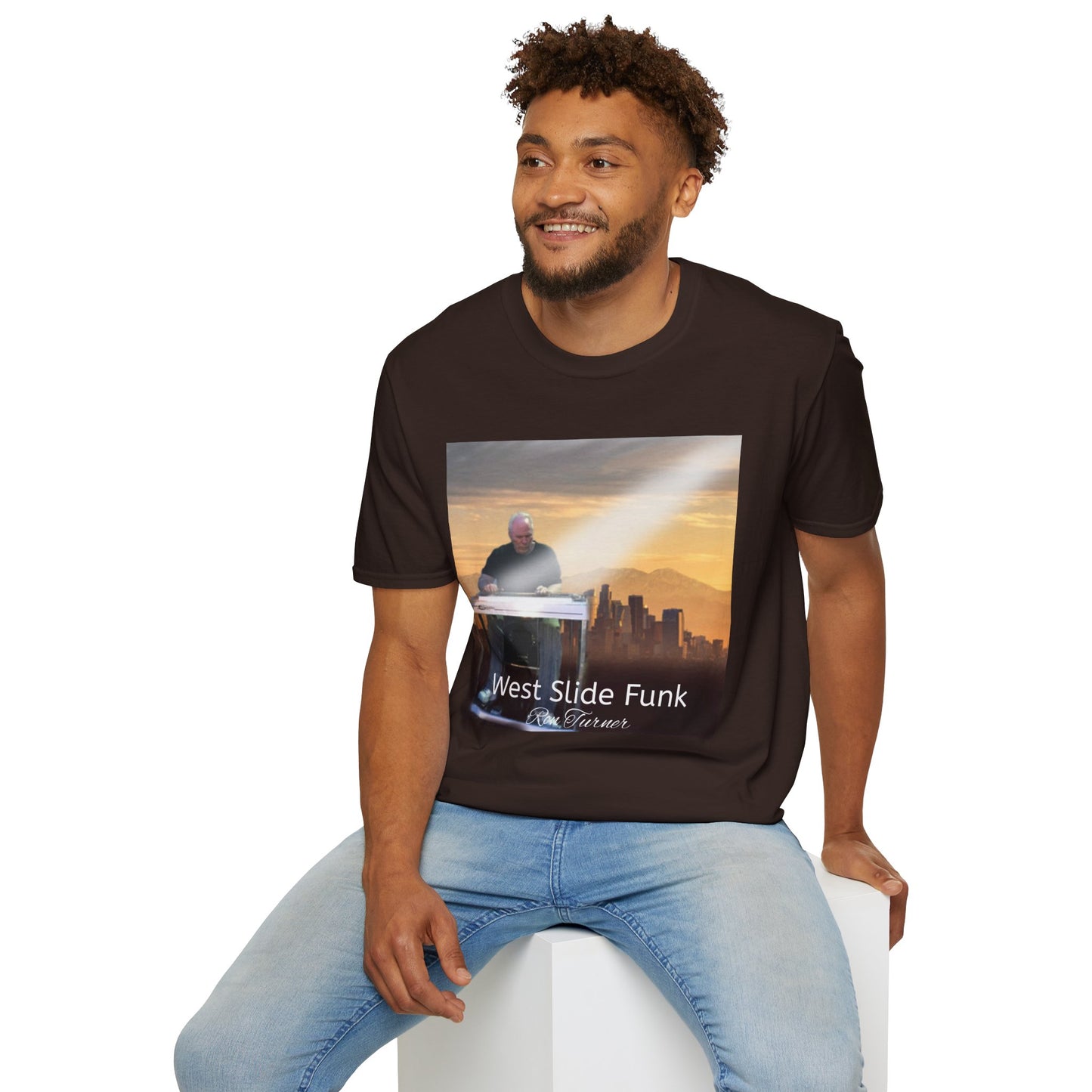 West Slide Funk Steel Guitarist T-Shirt — Skyline Sunset Graphic Tee