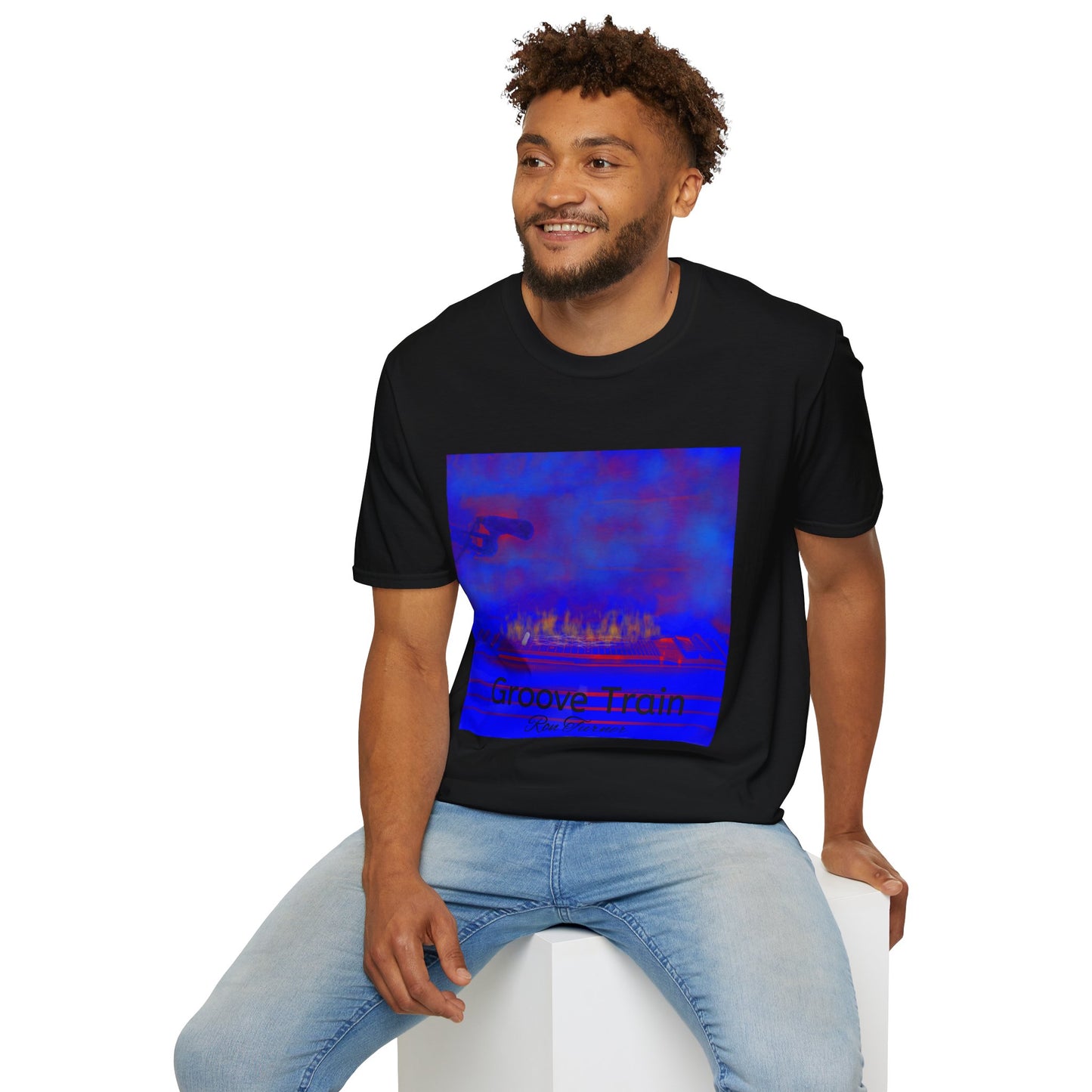 Groove Train Abstract Art T-Shirt — Retro Blue Vaporwave Graphic Tee