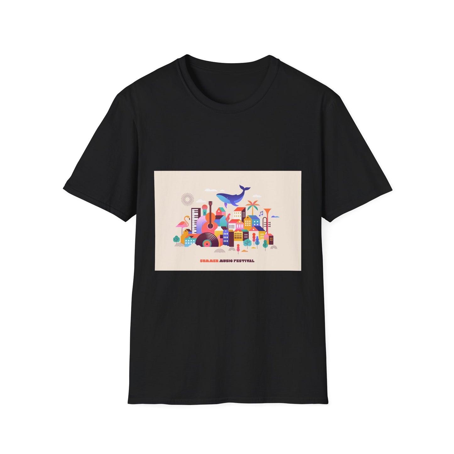 10% Off at checkout! T‑Shirt — Colorful Coastal Cityscape with Whale Graphic