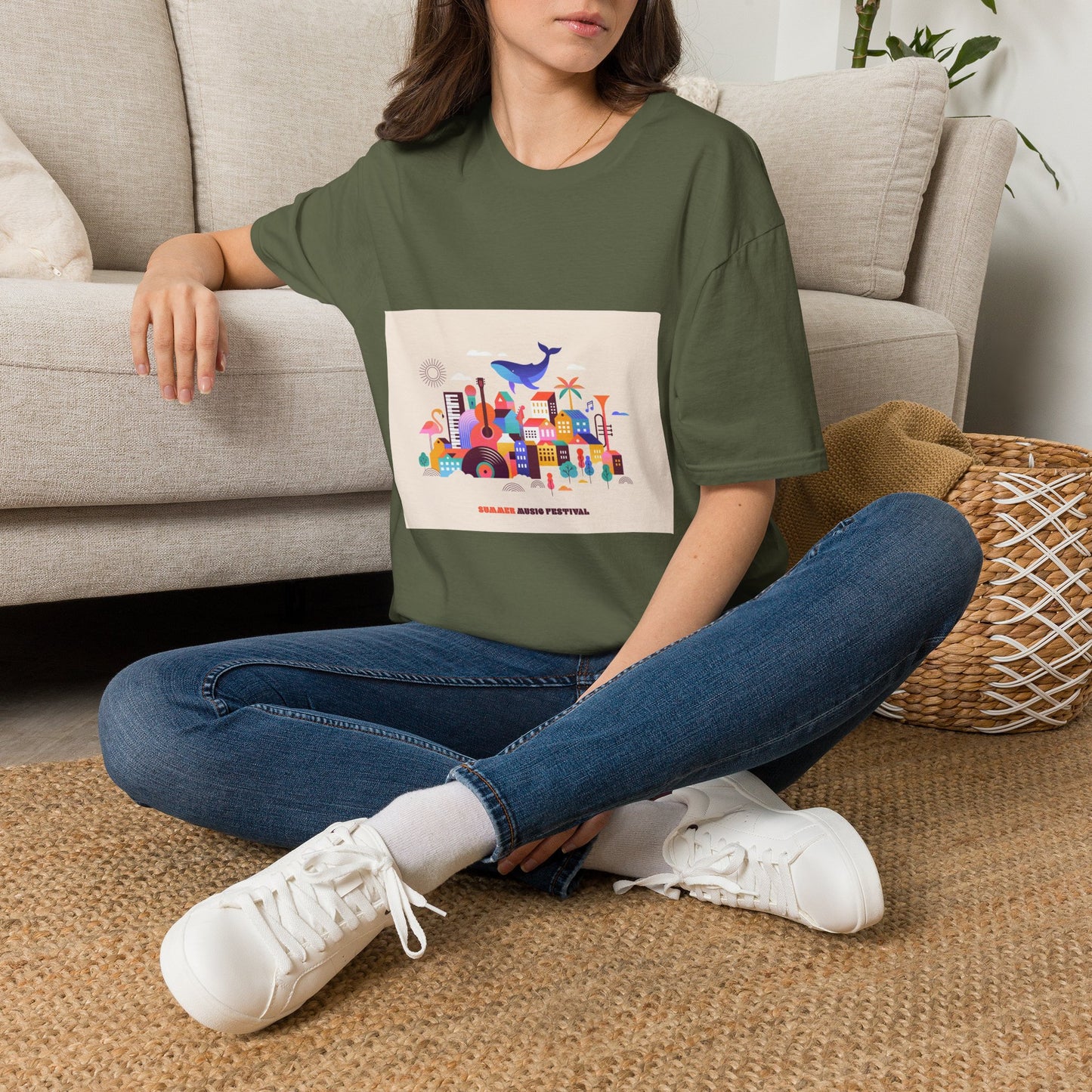 10% Off at checkout! T‑Shirt — Colorful Coastal Cityscape with Whale Graphic