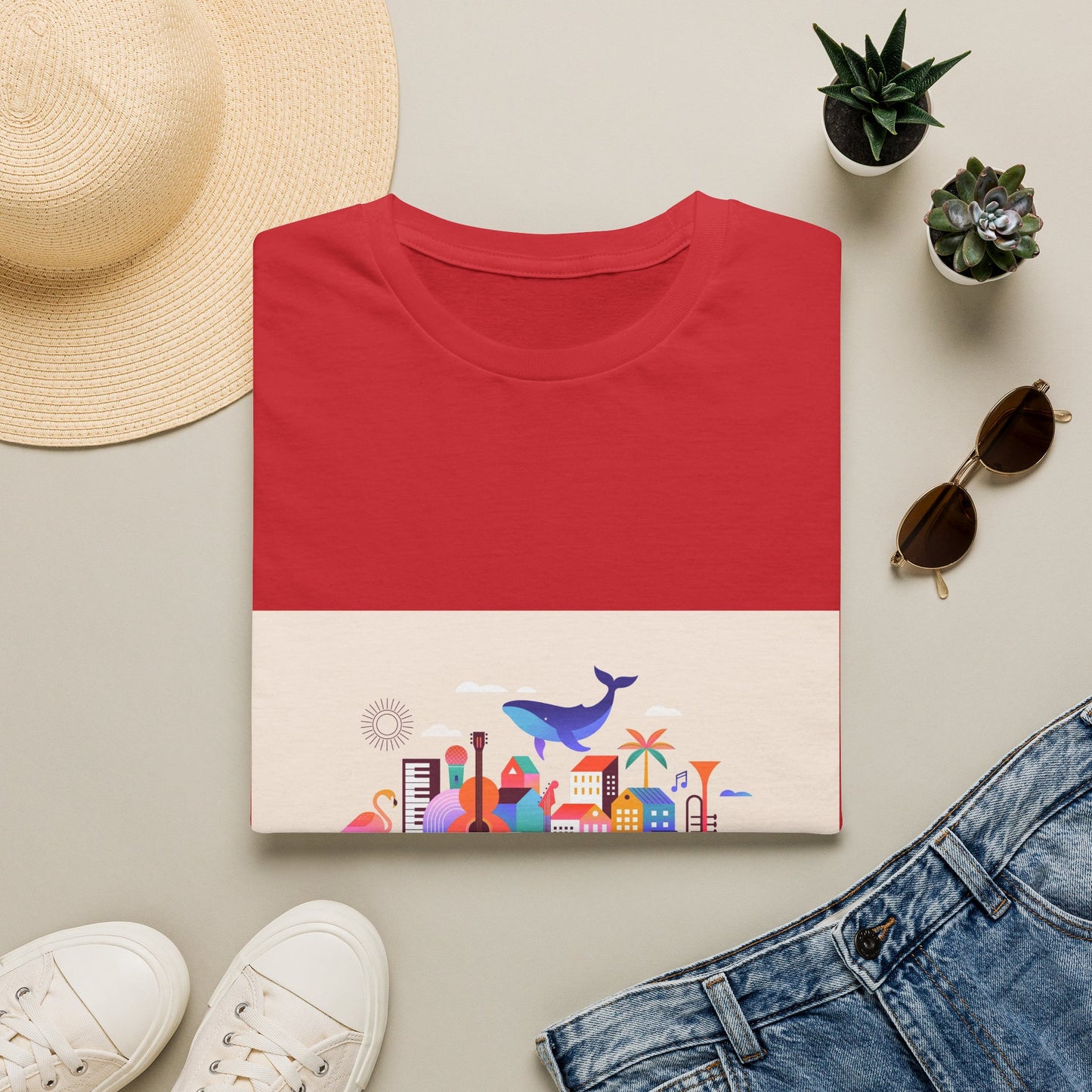 10% Off at checkout! T‑Shirt — Colorful Coastal Cityscape with Whale Graphic