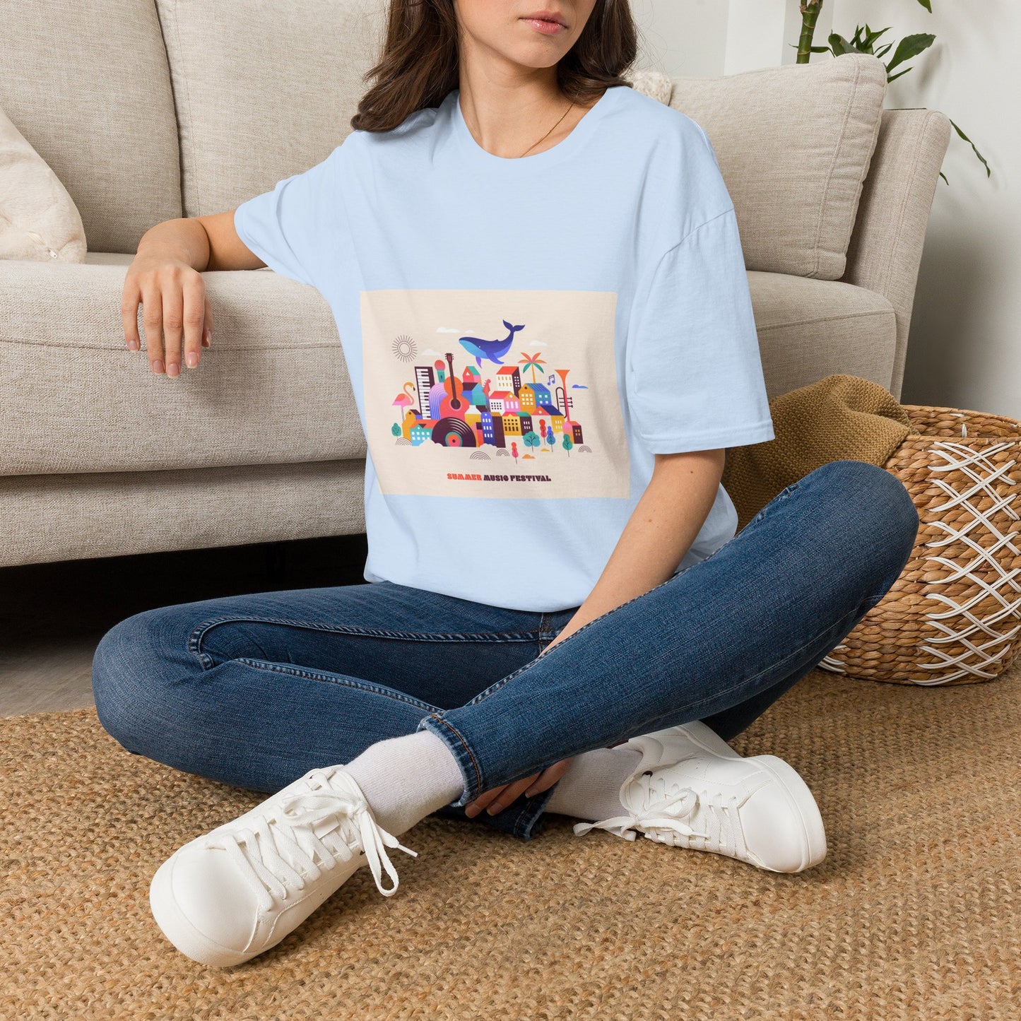 10% Off at checkout! T‑Shirt — Colorful Coastal Cityscape with Whale Graphic
