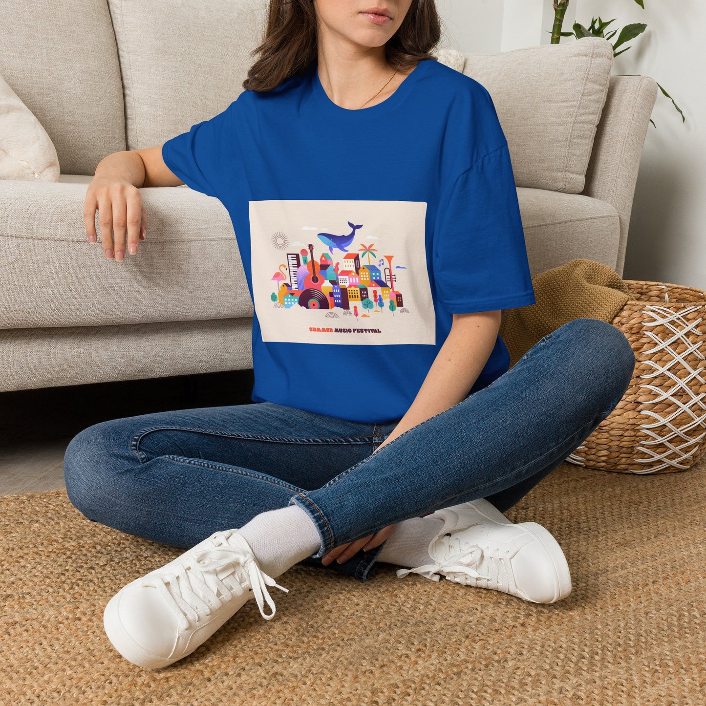 10% Off at checkout! T‑Shirt — Colorful Coastal Cityscape with Whale Graphic