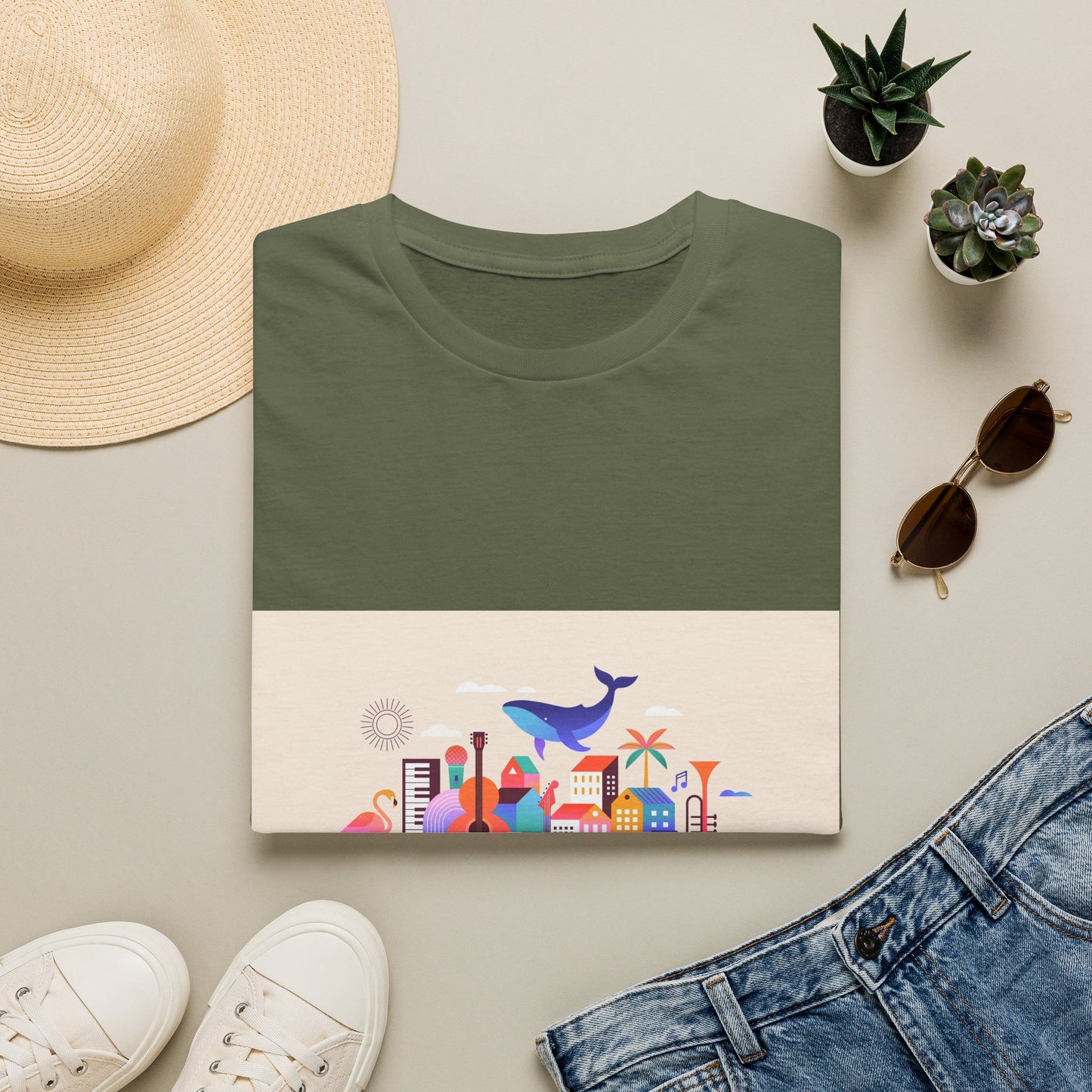 10% Off at checkout! T‑Shirt — Colorful Coastal Cityscape with Whale Graphic