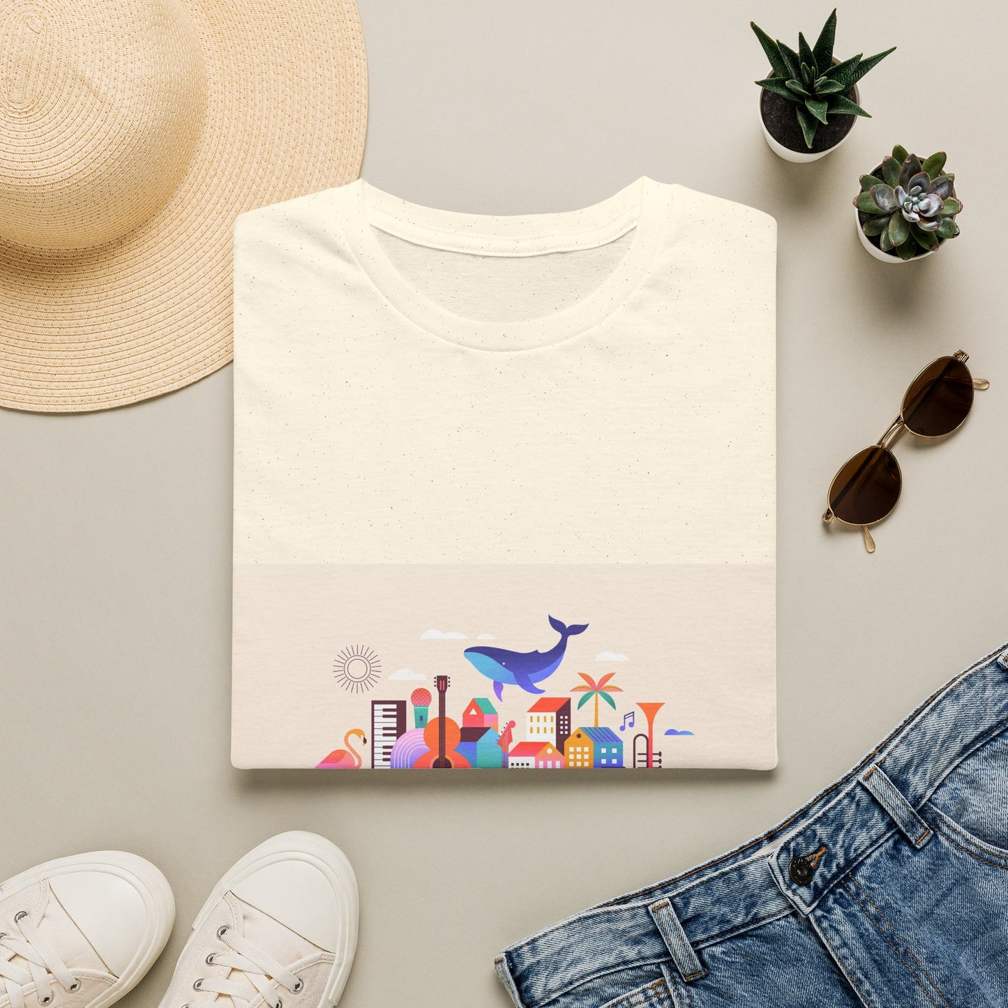 10% Off at checkout! T‑Shirt — Colorful Coastal Cityscape with Whale Graphic