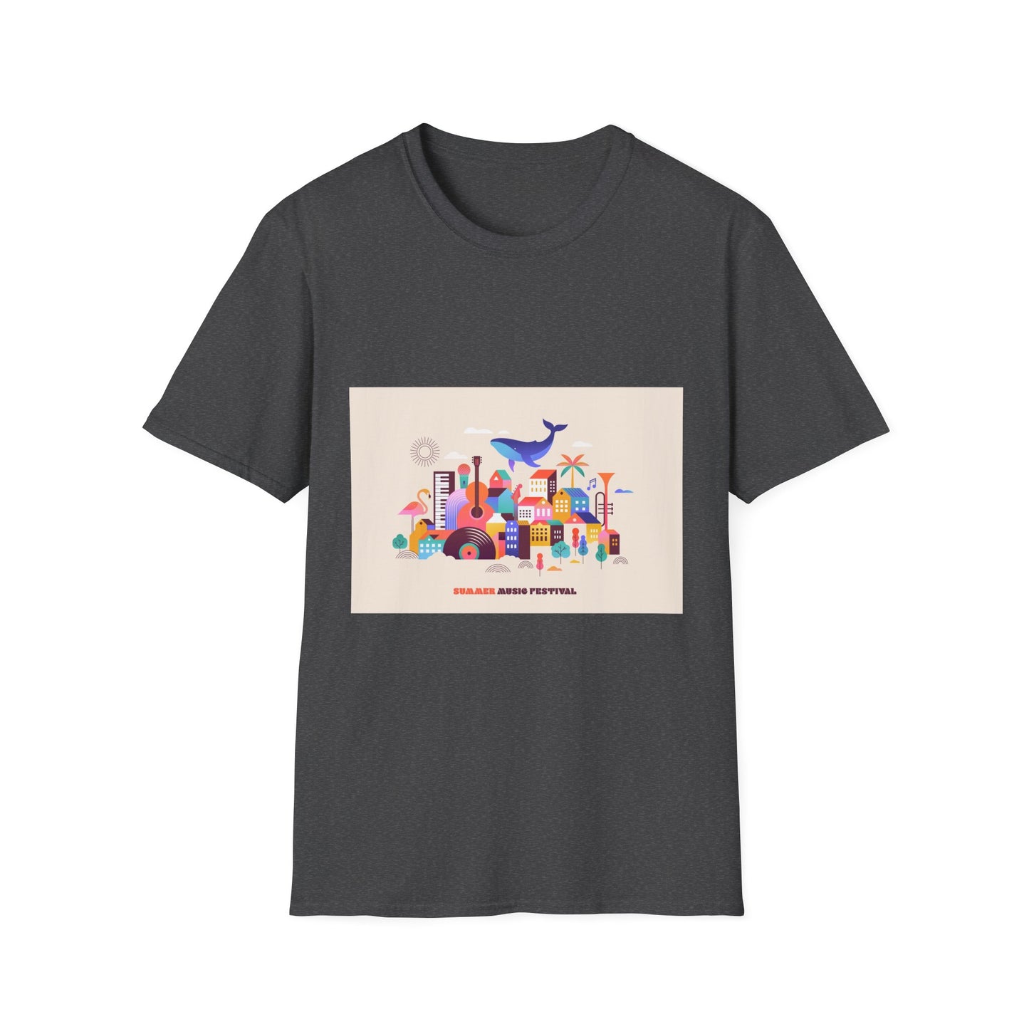 10% Off at checkout! T‑Shirt — Colorful Coastal Cityscape with Whale Graphic