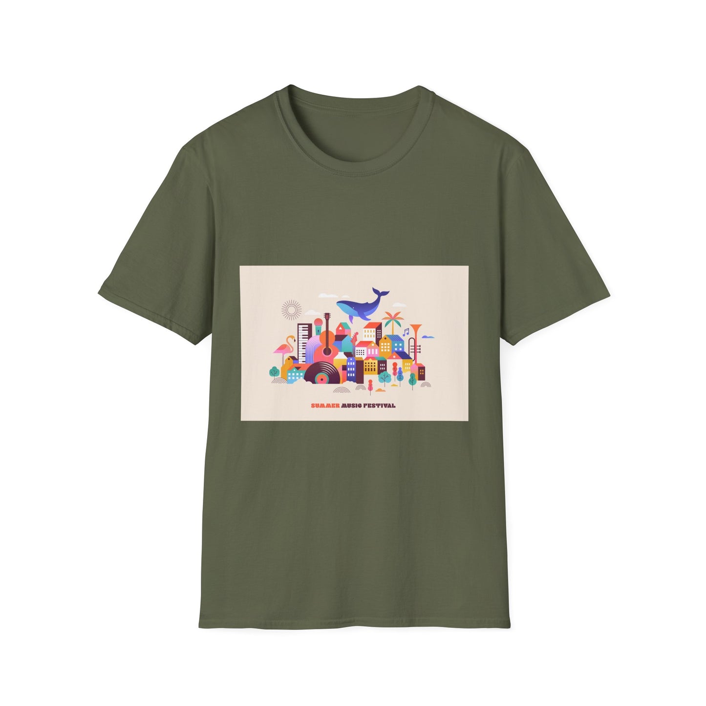 10% Off at checkout! T‑Shirt — Colorful Coastal Cityscape with Whale Graphic