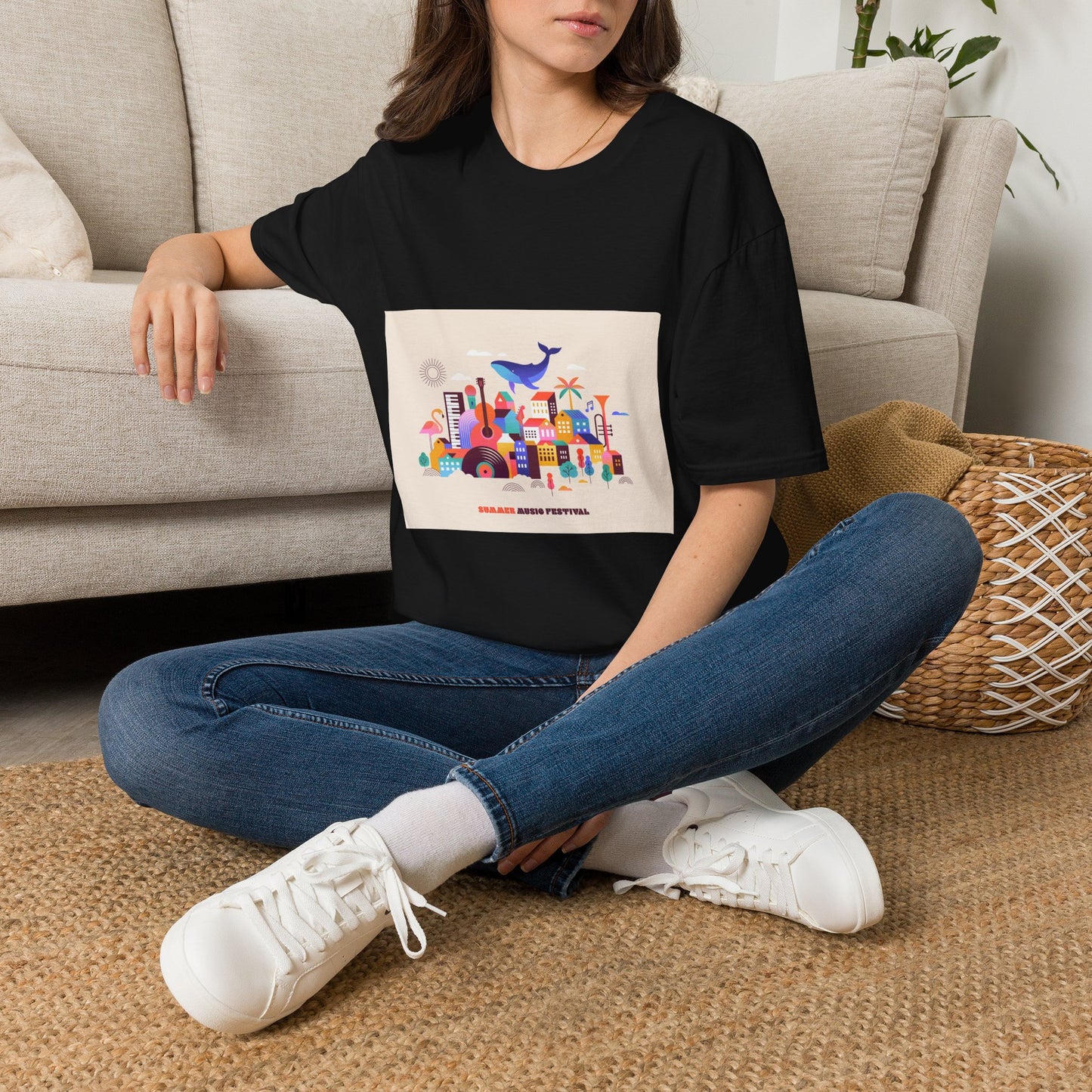 10% Off at checkout! T‑Shirt — Colorful Coastal Cityscape with Whale Graphic