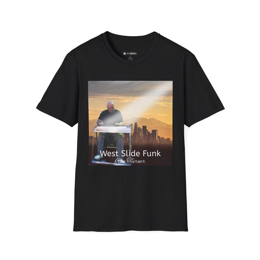 West Slide Funk Steel Guitarist T-Shirt — Skyline Sunset Graphic Tee