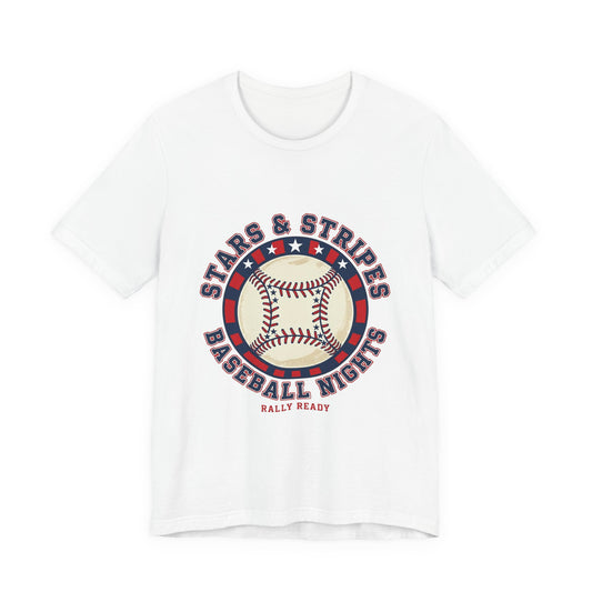 Stars & Stripes Baseball Nights Tee | patriotic baseball graphic, vintage ballpark aesthetic
