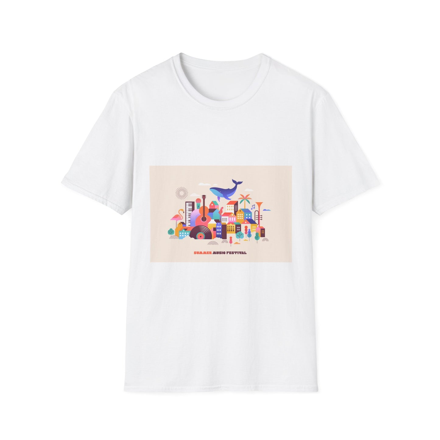 10% Off at checkout! T‑Shirt — Colorful Coastal Cityscape with Whale Graphic