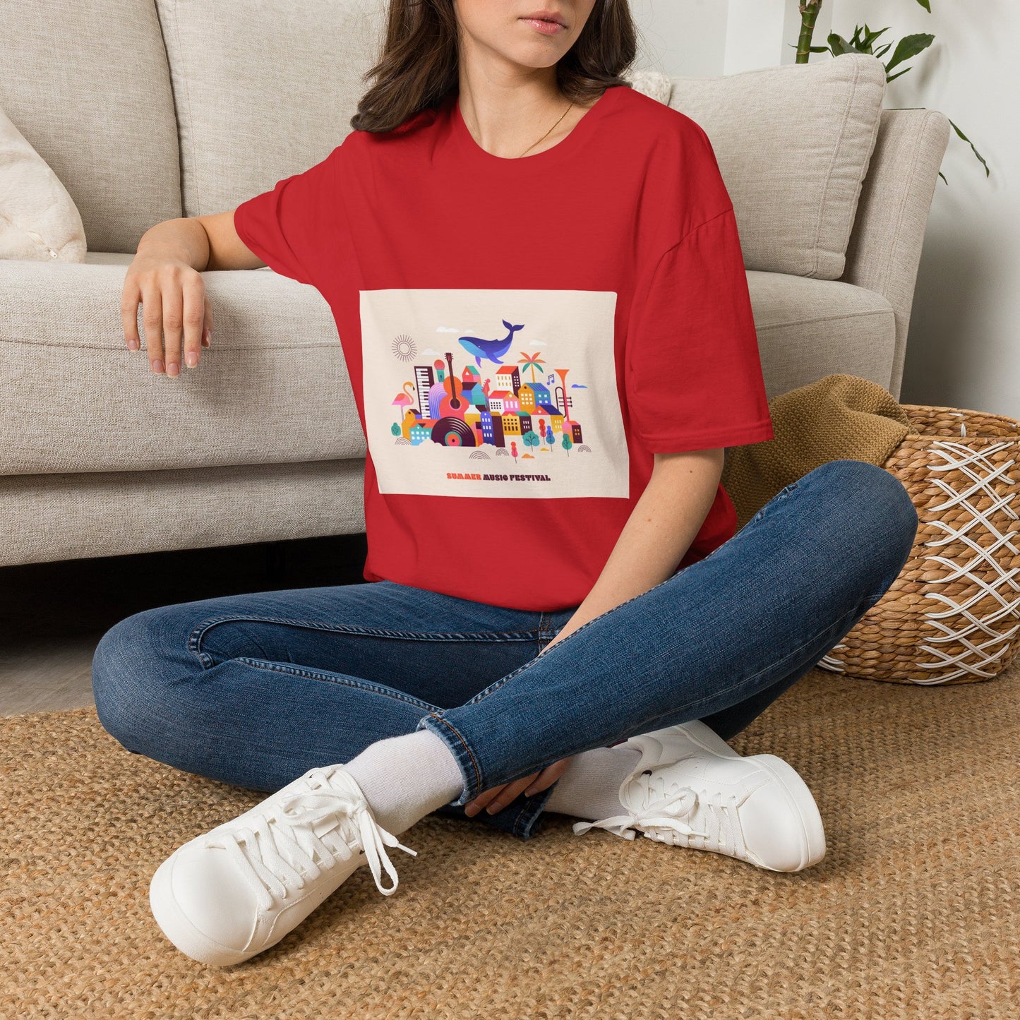 10% Off at checkout! T‑Shirt — Colorful Coastal Cityscape with Whale Graphic