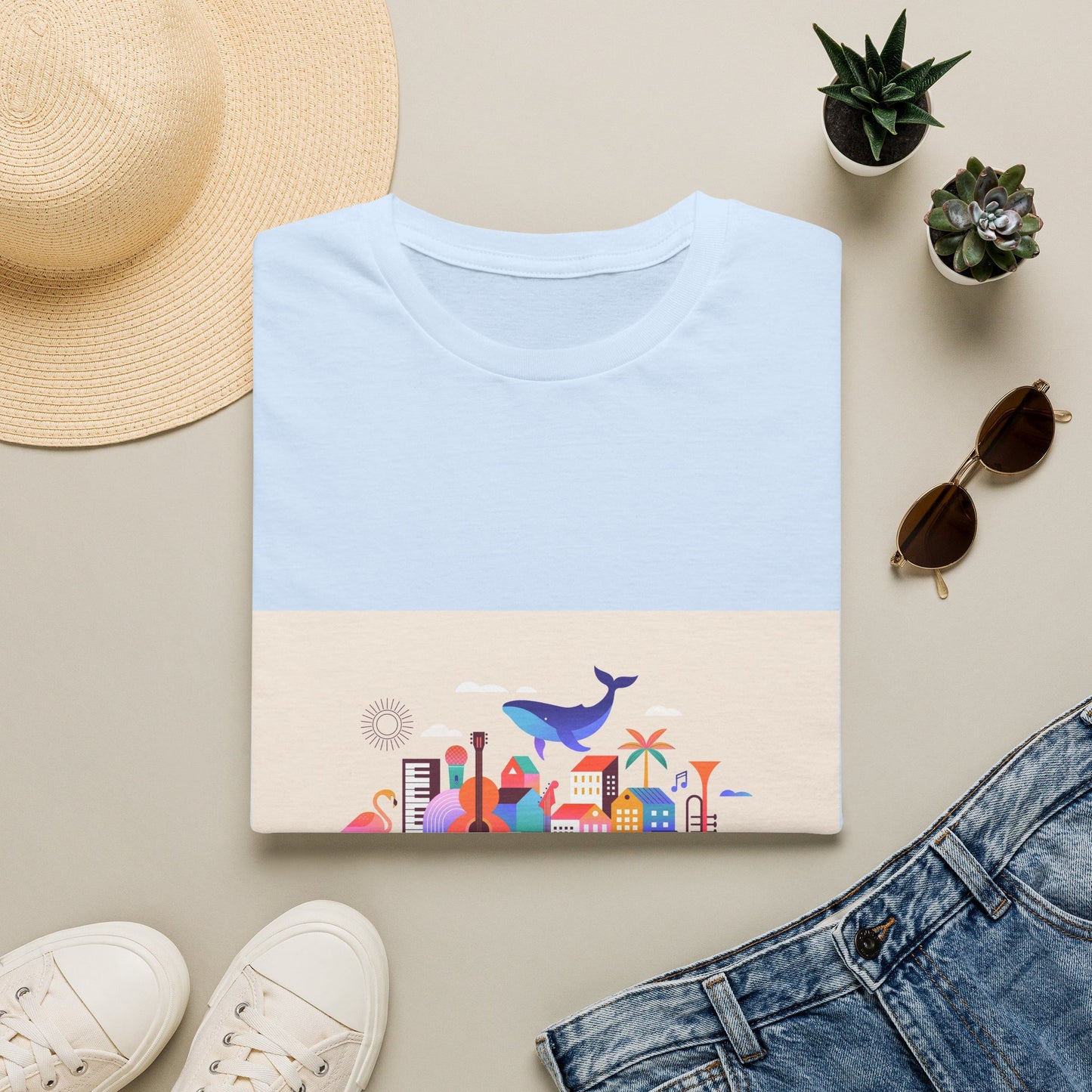 10% Off at checkout! T‑Shirt — Colorful Coastal Cityscape with Whale Graphic
