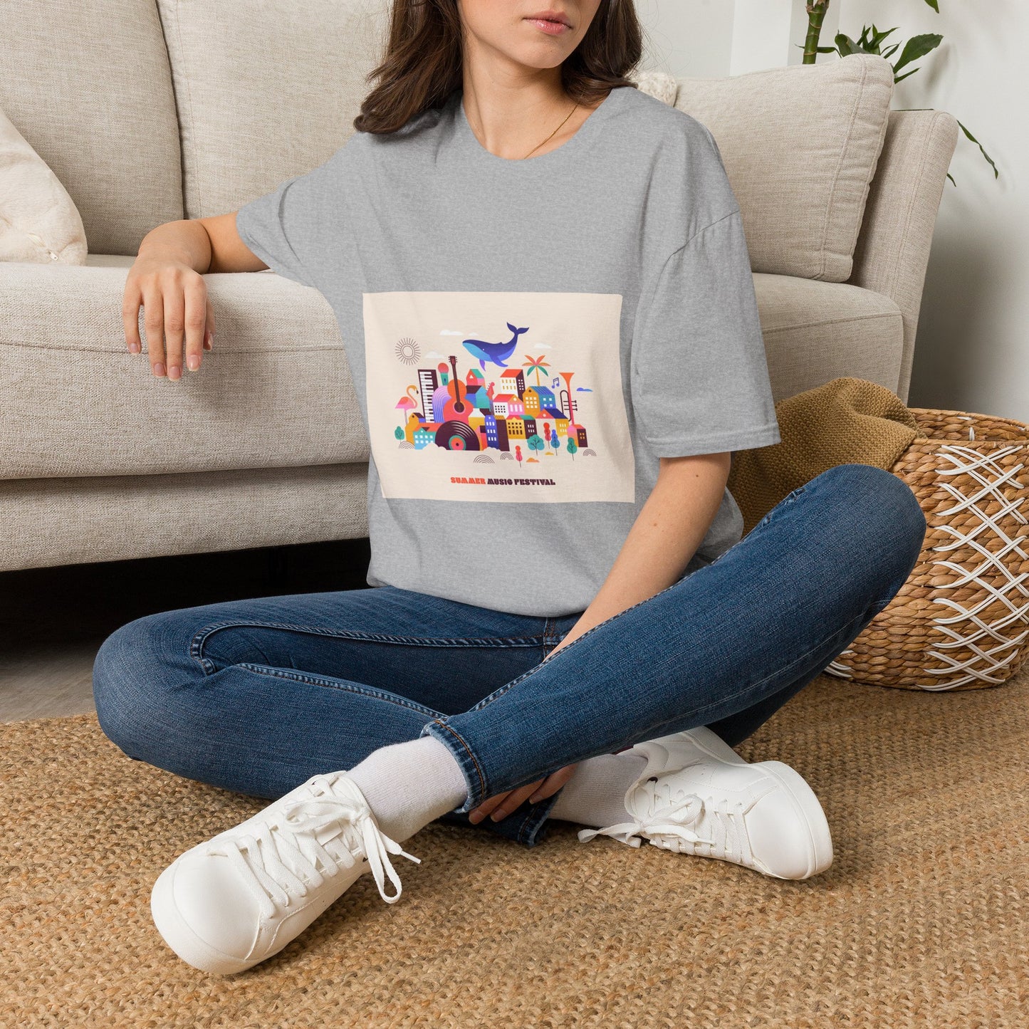 10% Off at checkout! T‑Shirt — Colorful Coastal Cityscape with Whale Graphic