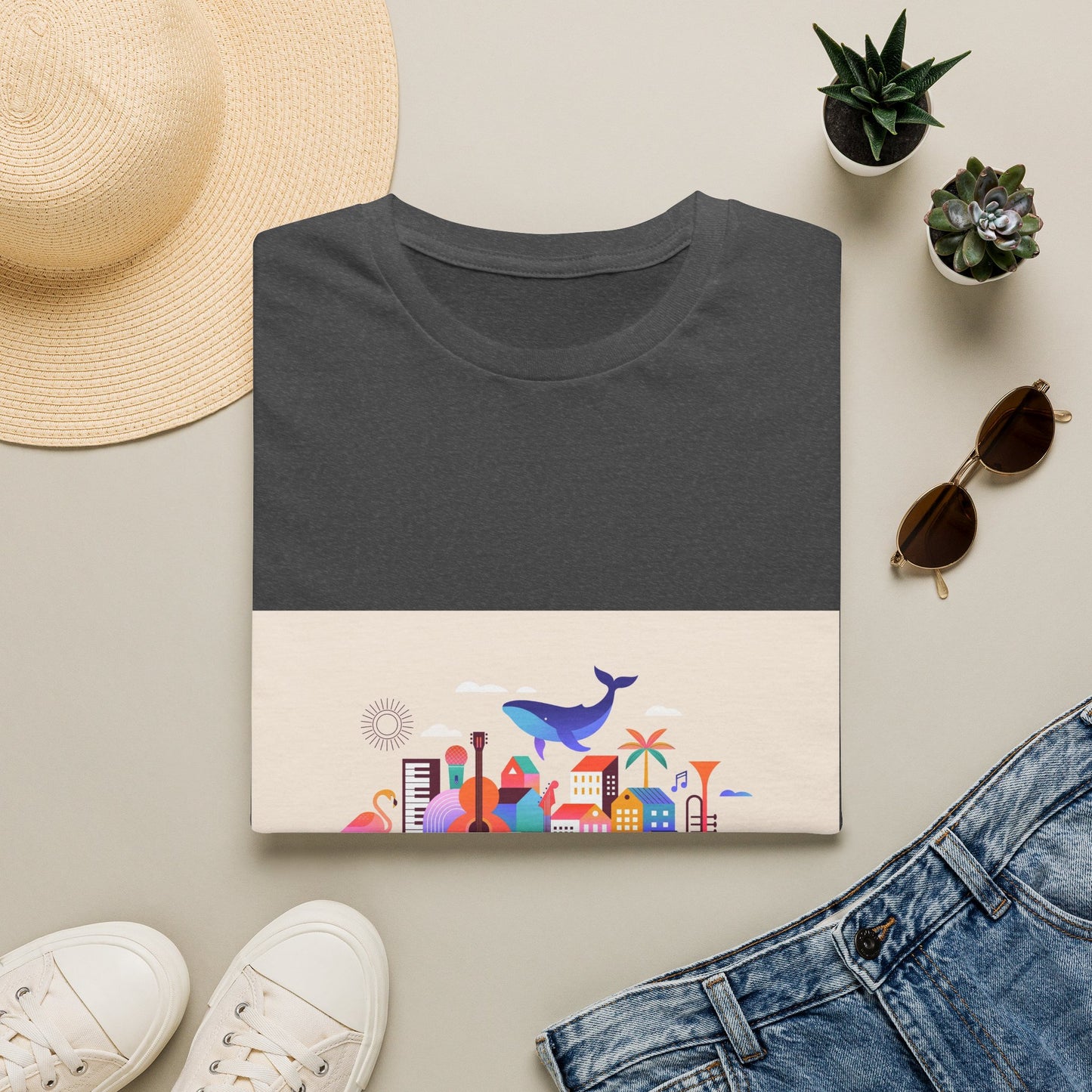 10% Off at checkout! T‑Shirt — Colorful Coastal Cityscape with Whale Graphic