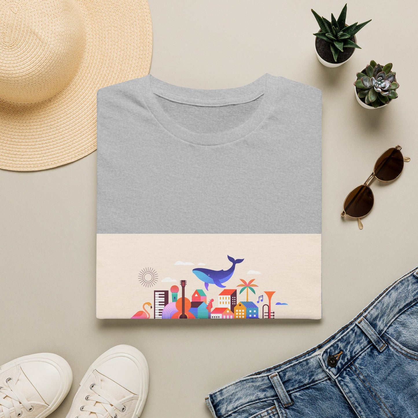 10% Off at checkout! T‑Shirt — Colorful Coastal Cityscape with Whale Graphic
