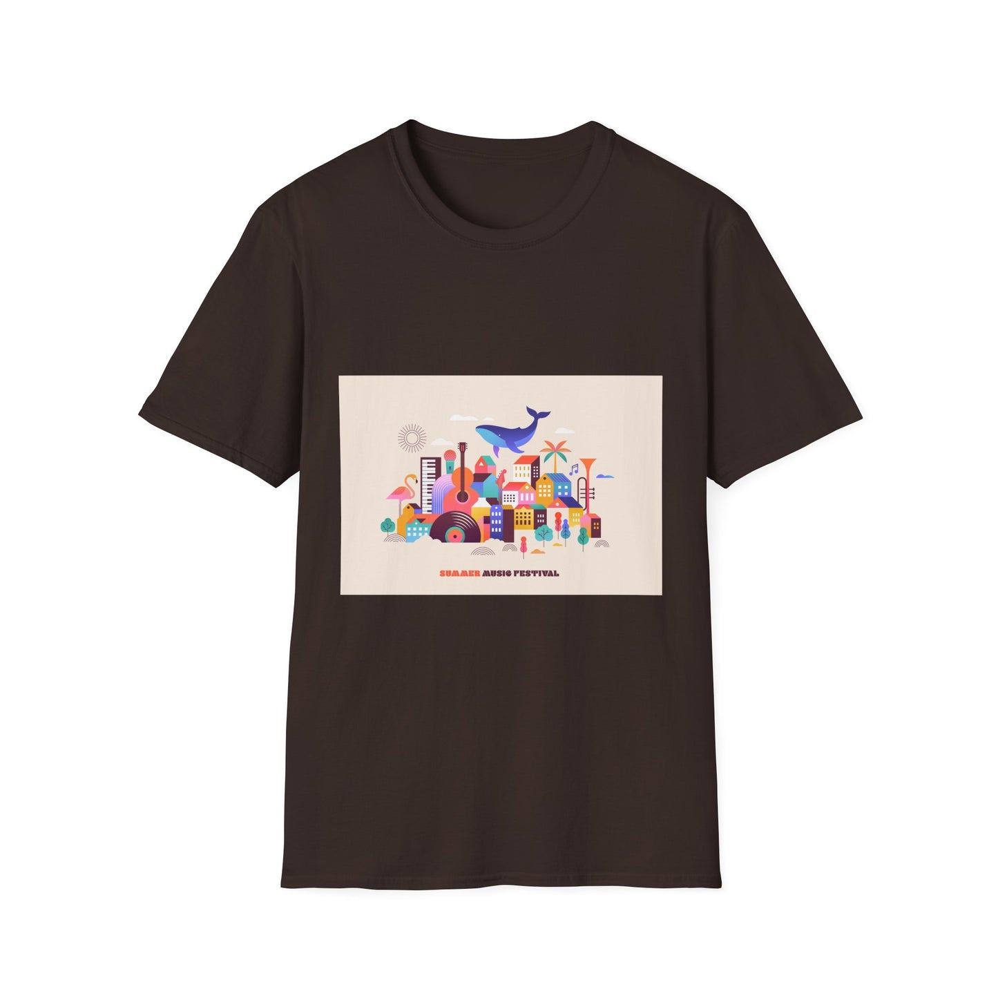 10% Off at checkout! T‑Shirt — Colorful Coastal Cityscape with Whale Graphic