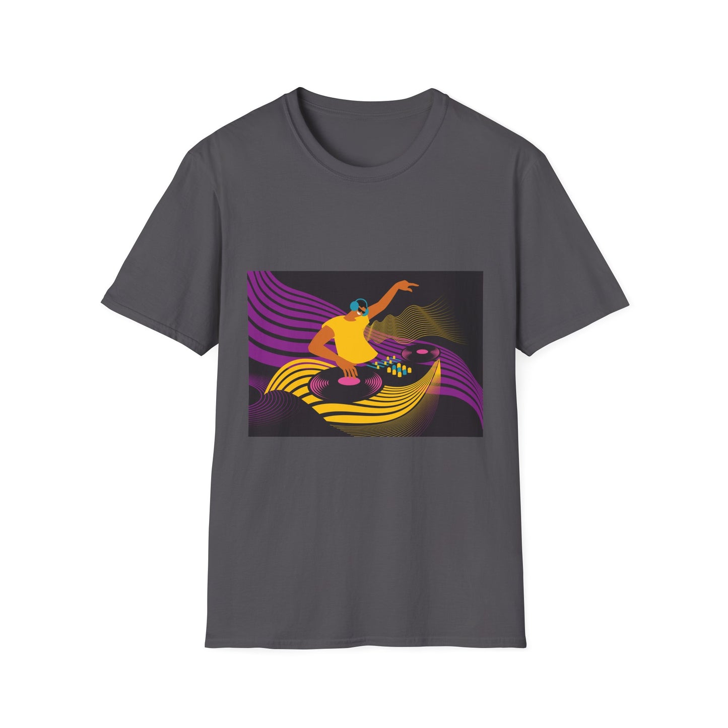 DJ Turntable Graphic T-Shirt — Retro Neon Dance Music Tee