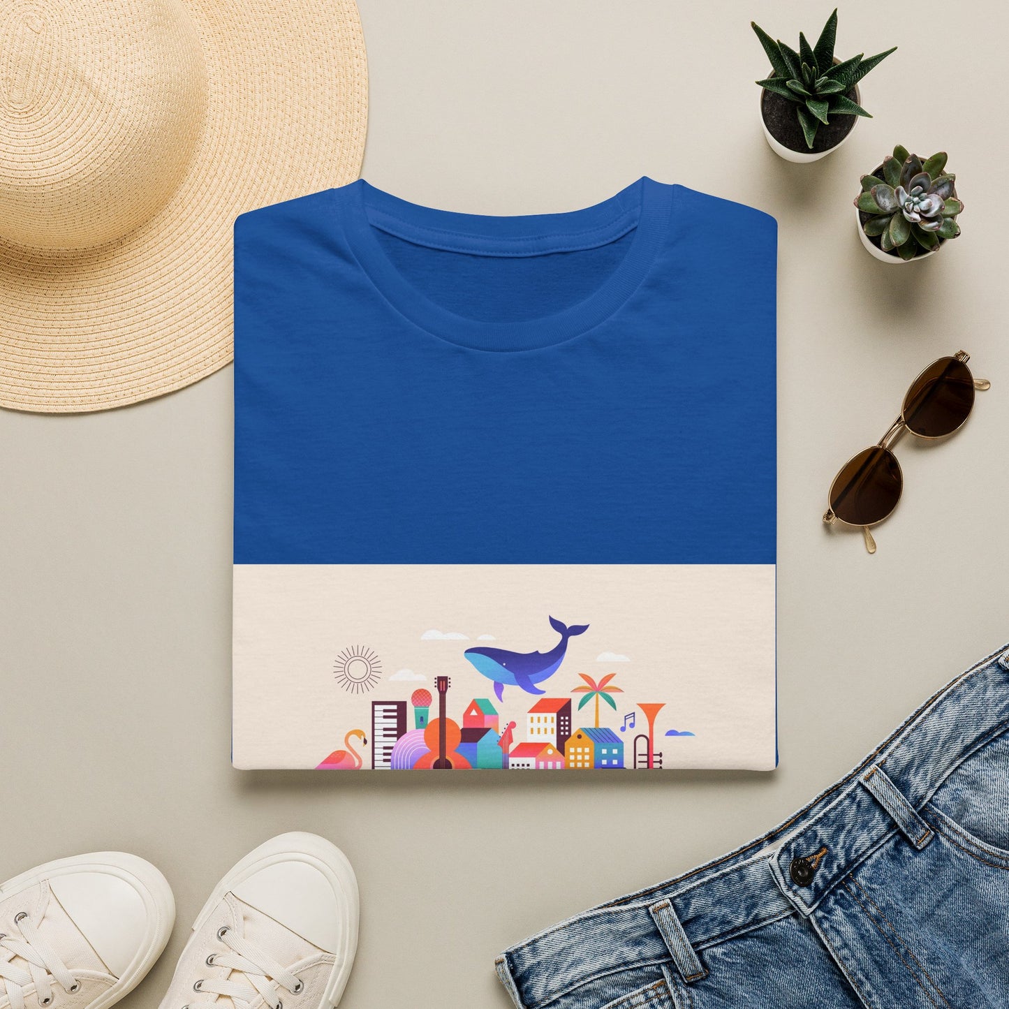 10% Off at checkout! T‑Shirt — Colorful Coastal Cityscape with Whale Graphic