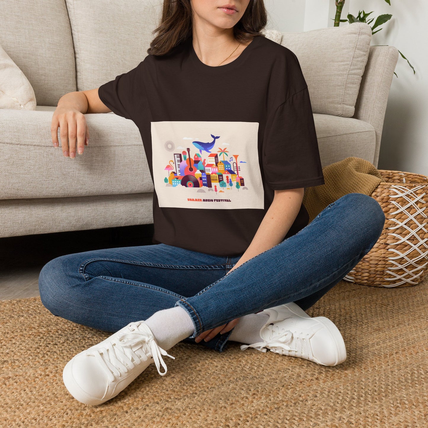 10% Off at checkout! T‑Shirt — Colorful Coastal Cityscape with Whale Graphic