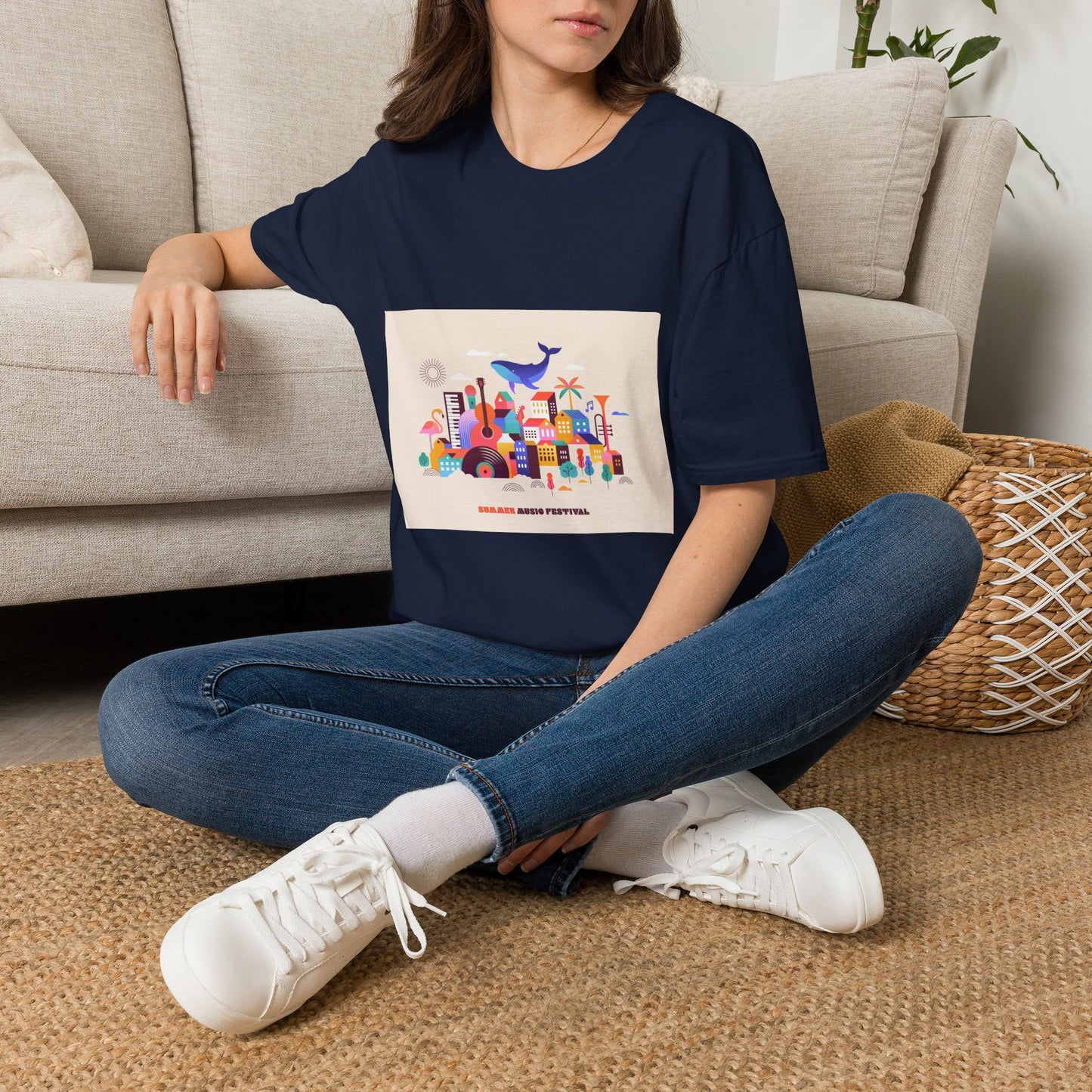 10% Off at checkout! T‑Shirt — Colorful Coastal Cityscape with Whale Graphic