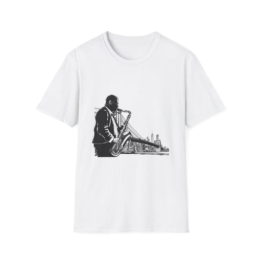 Saxophone Skyline T-Shirt — Jazz Musician Cityscape Tee