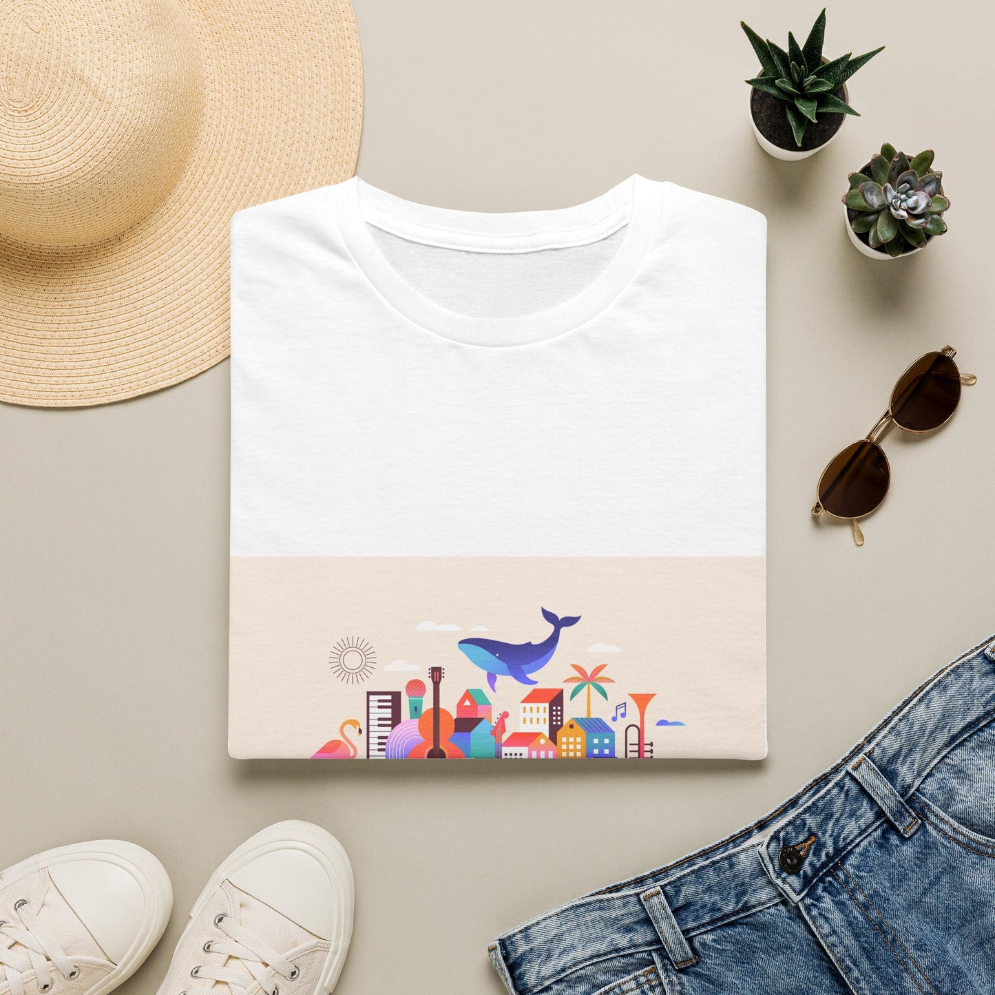 10% Off at checkout! T‑Shirt — Colorful Coastal Cityscape with Whale Graphic