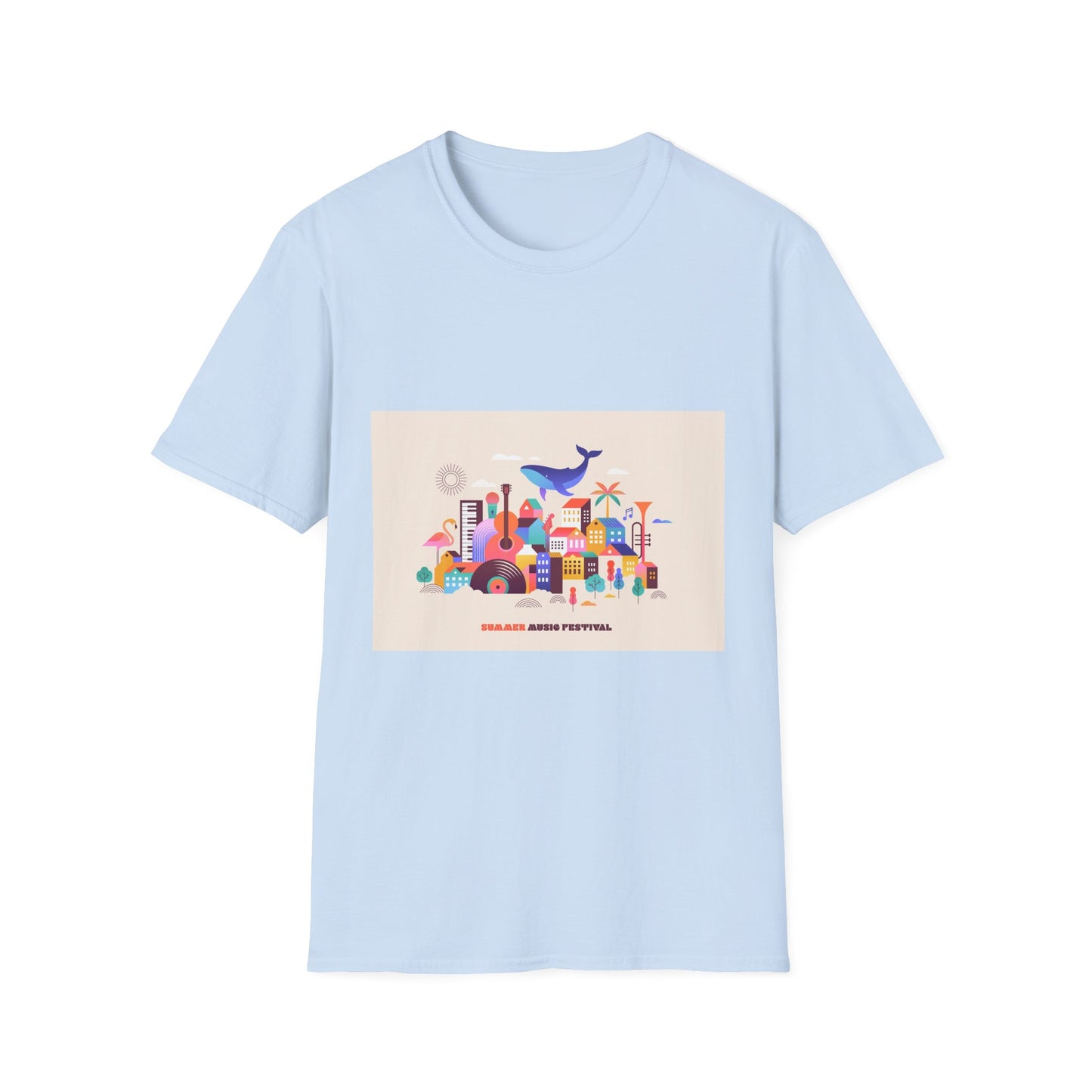 10% Off at checkout! T‑Shirt — Colorful Coastal Cityscape with Whale Graphic