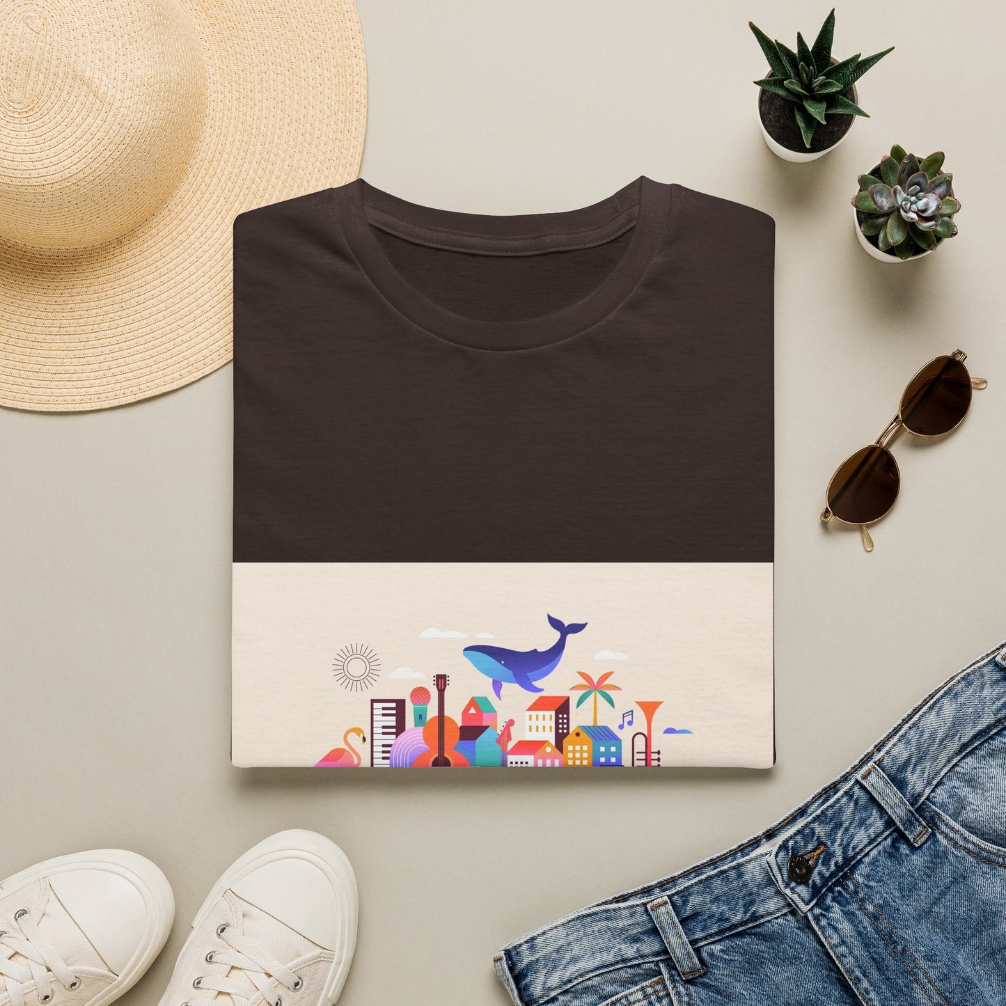 10% Off at checkout! T‑Shirt — Colorful Coastal Cityscape with Whale Graphic