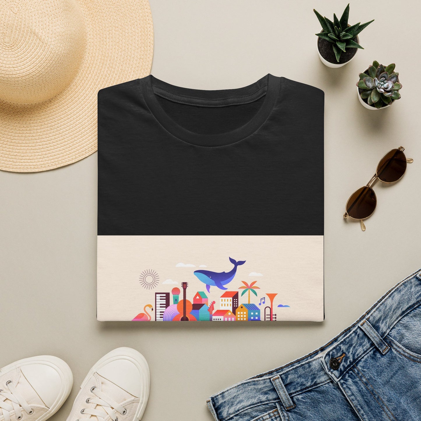 10% Off at checkout! T‑Shirt — Colorful Coastal Cityscape with Whale Graphic