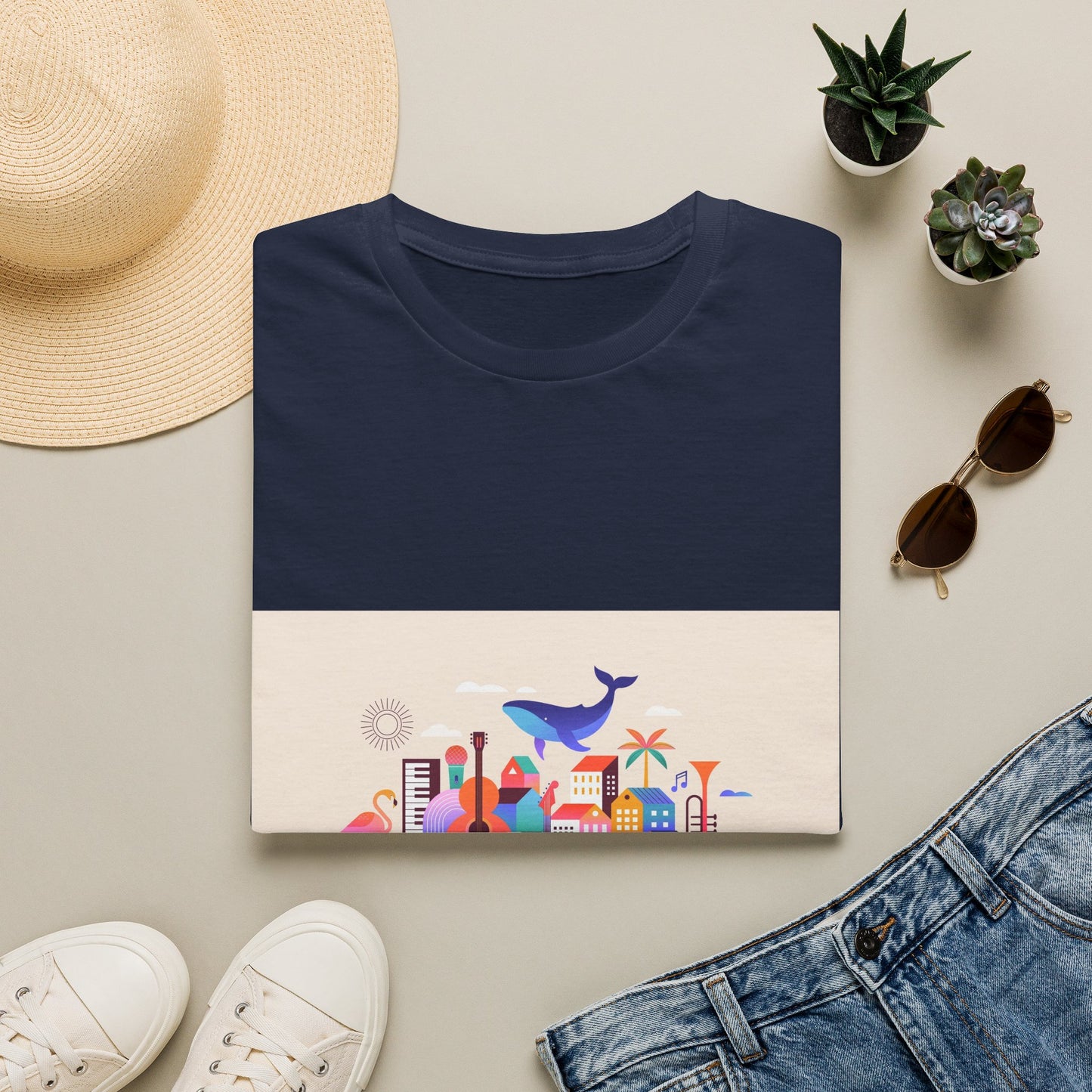 10% Off at checkout! T‑Shirt — Colorful Coastal Cityscape with Whale Graphic
